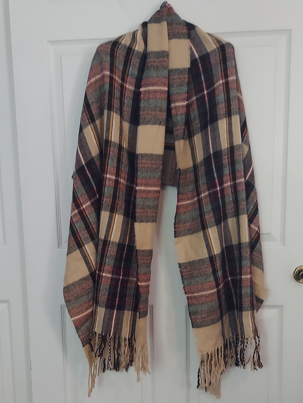 Oversized Plaid Blanket Scarf Wrap Burgundy Tan Fringe